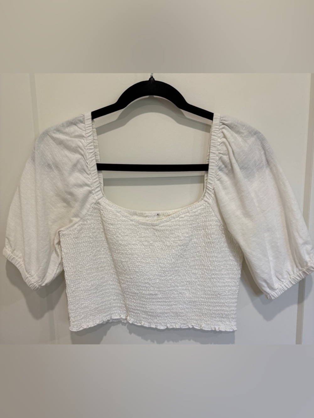 White Smocked Puff Sleeve Crop Top